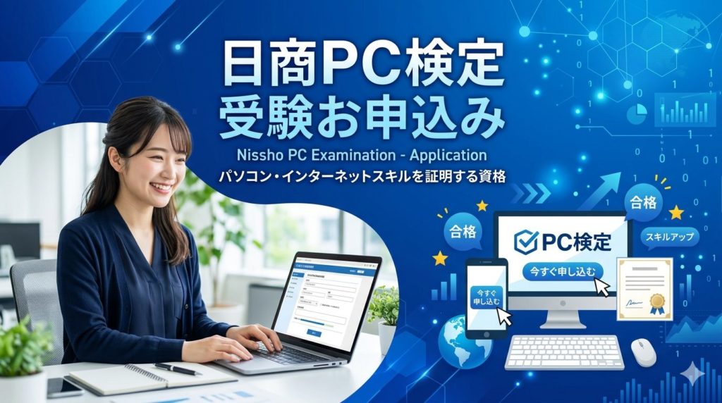 青い背景に「日商PC検定 受験お申込み」と書かれたアイキャッチ画像。パソコンを操作する笑顔の女性と、合格・スキルアップのアイコンが配置されています。