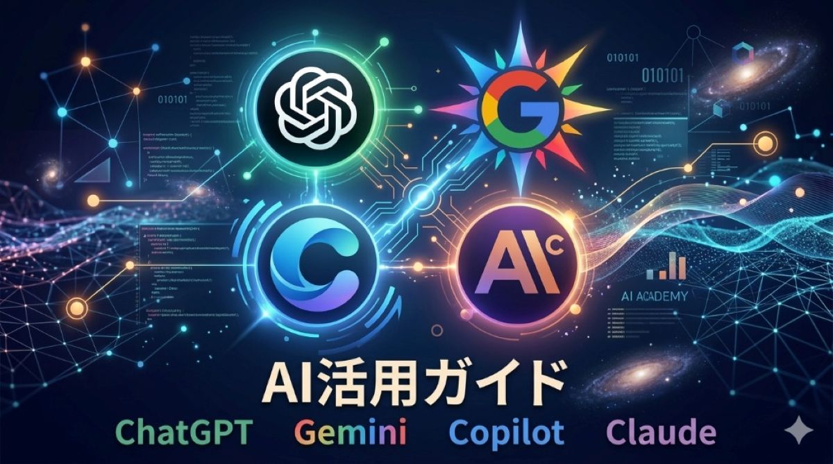 AI活用講座のイメージ。ChatGPT・Gemini・Copilot・Claudeなど主要AIツールのロゴが並ぶ学習スライド。
