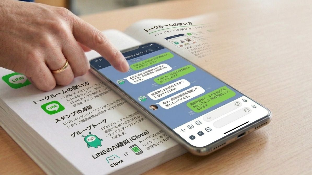 スマホ教室の学習風景。LINE画面を使ってスマホ操作を練習している様子。
