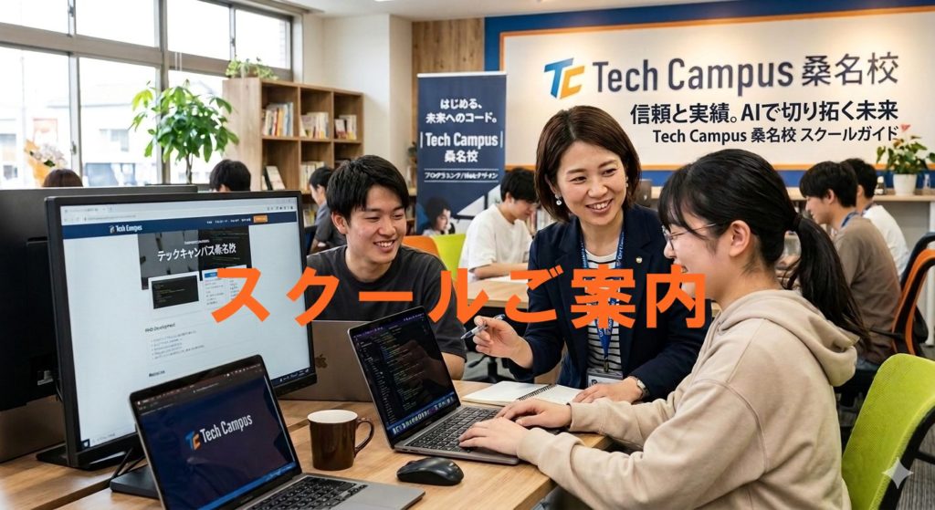 Tech Campus 桑名校で女性講師が笑顔で受講生にプログラミングを指導している様子。背景にはスクールロゴと「信頼と実績。AIで切り拓く未来」の文字。